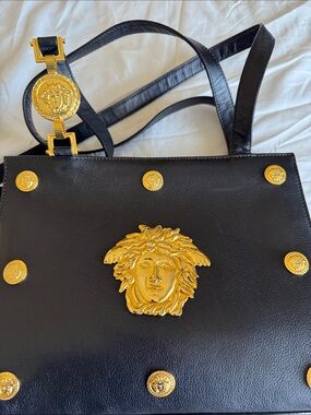 Versace Black Leather Shoulder Bag with Gold Medusa Medallions